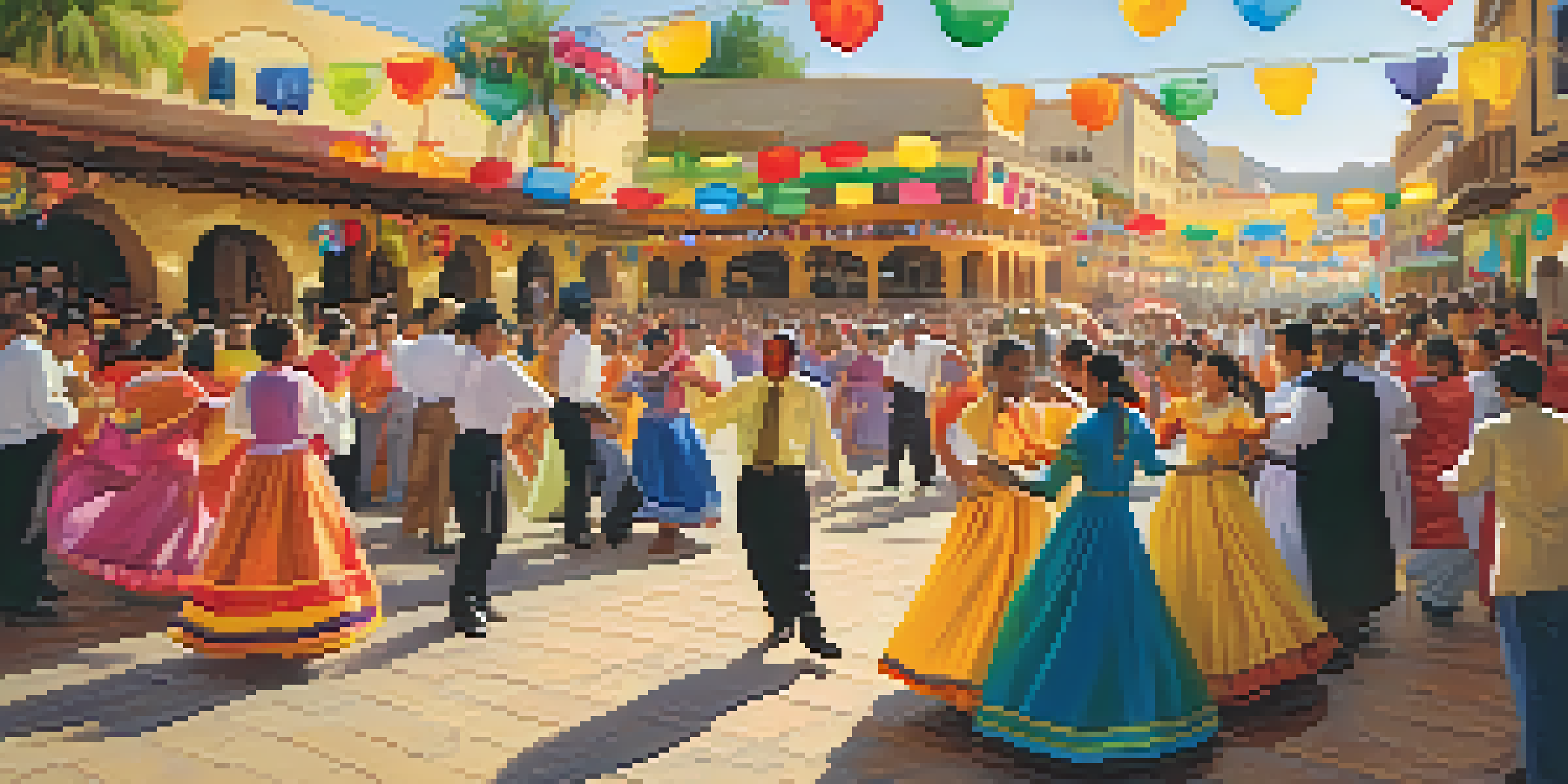 A lively fiesta with people in traditional costumes dancing under colorful decorations in a sunny plaza, capturing the essence of community celebration.
