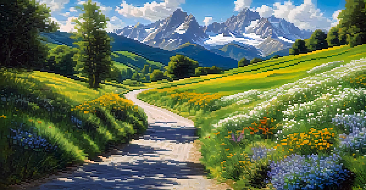 A panoramic view of the Pyrenees Mountains with snow-capped peaks, green valleys, and colorful wildflowers in the foreground.