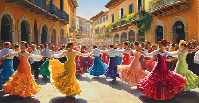 A lively Spanish festival with dancers in traditional costumes, colorful decorations, and a crowd enjoying the music.