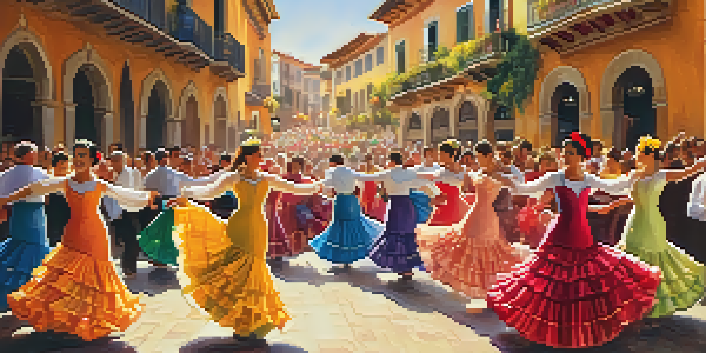 A lively Spanish festival with dancers in traditional costumes, colorful decorations, and a crowd enjoying the music.