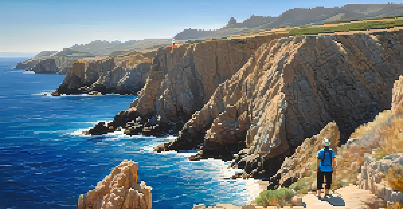 A hiker standing on dramatic cliffs at Cabo de Gata, overlooking the Mediterranean Sea with a lighthouse in the distance.