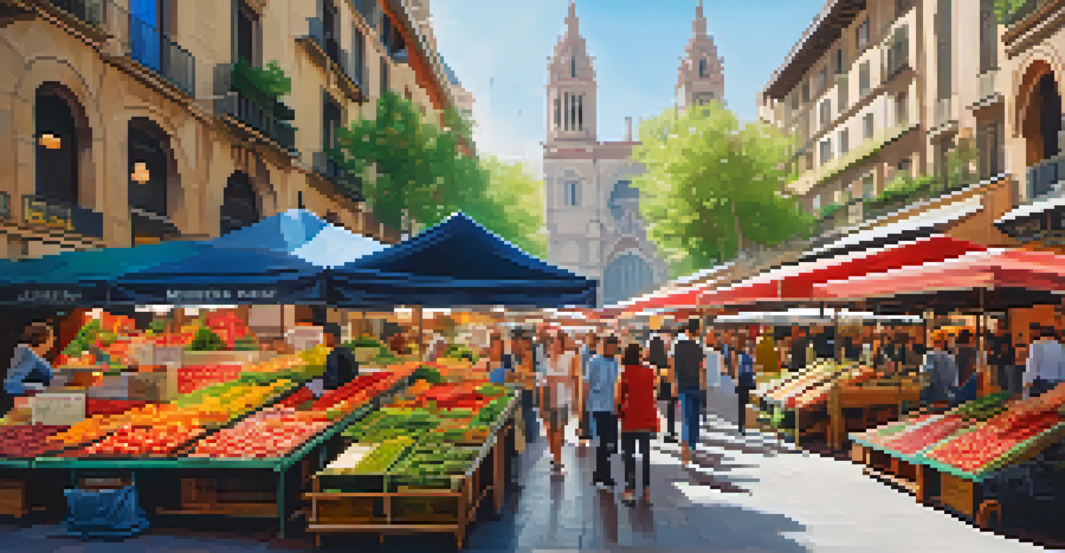 A lively scene of La Boqueria market in Barcelona, showcasing colorful stalls filled with fresh fruits and cheeses.