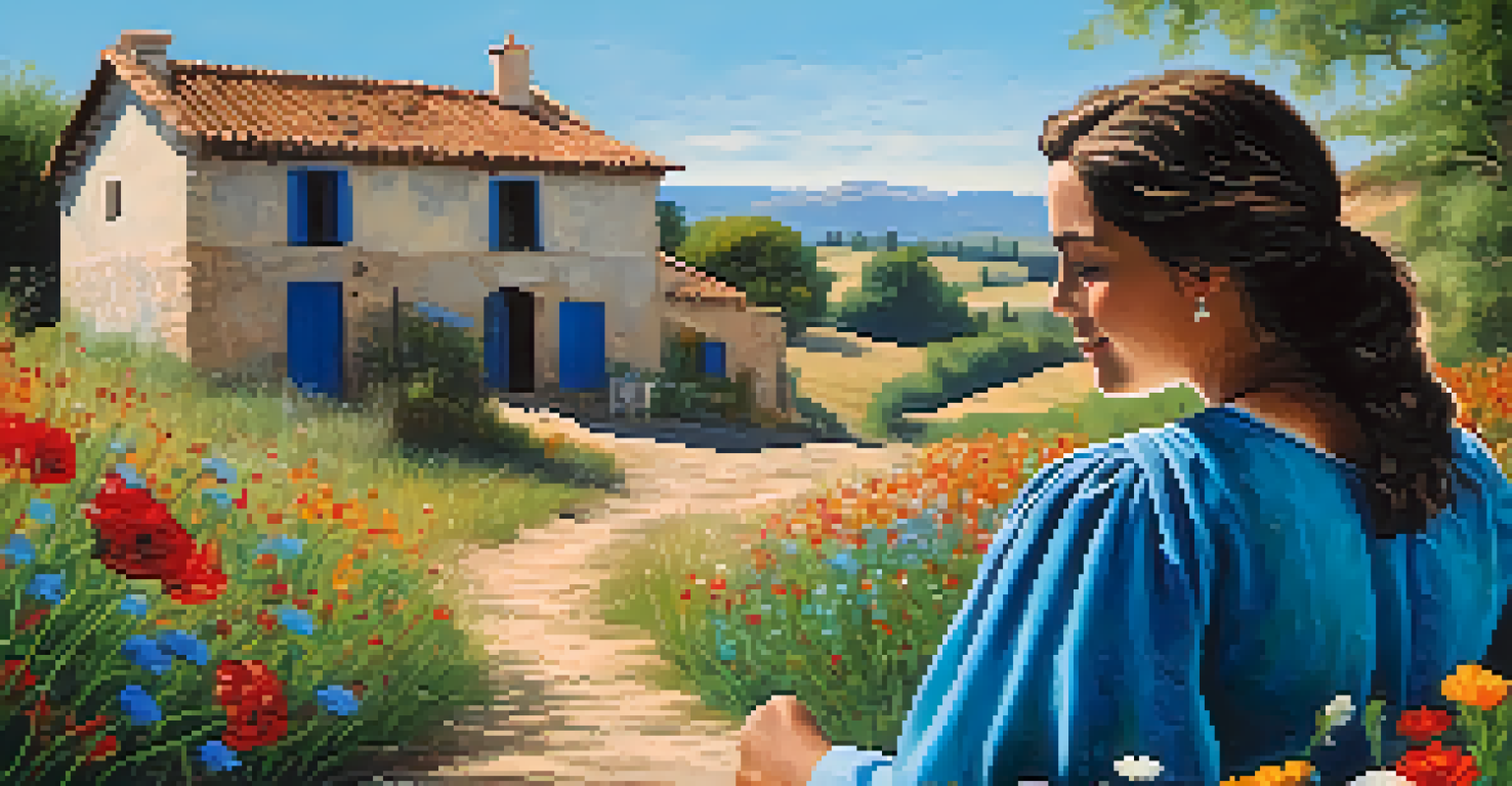 A picturesque Spanish countryside with a farmhouse and a couple in traditional attire, surrounded by wildflowers.