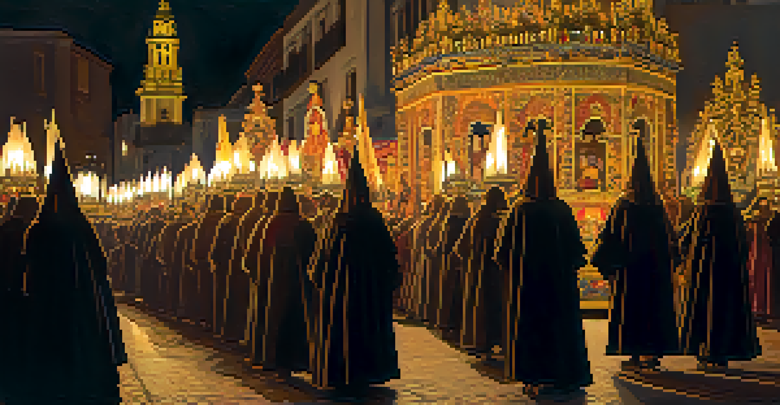 A solemn procession during Semana Santa with a decorated float and participants in traditional robes holding candles in a dimly lit street.