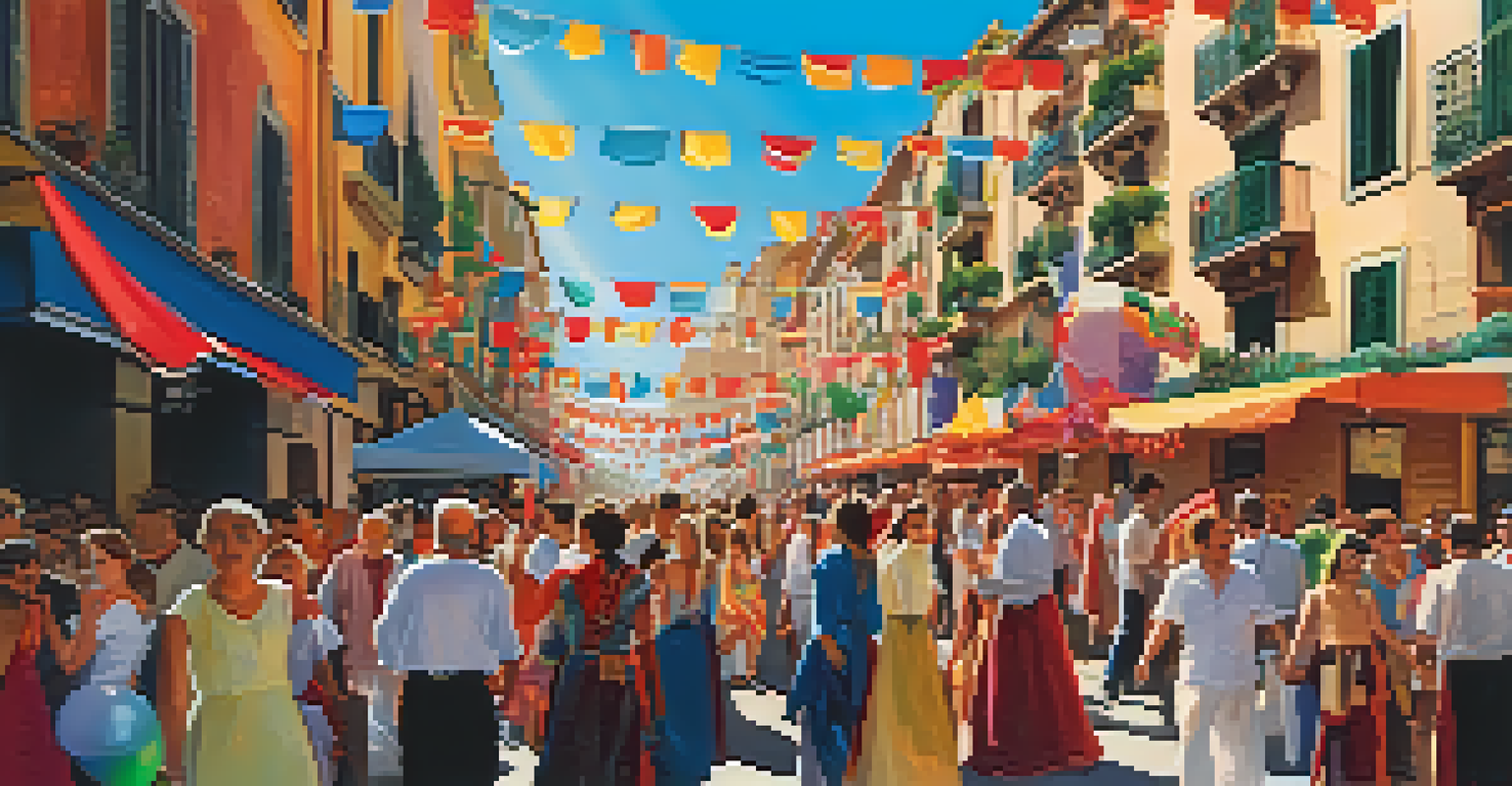 A lively urban street in Spain during a festival with colorful decorations and people in traditional clothing.