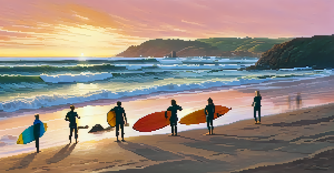 A scenic beach in the Basque Country with surfers paddling out at sunset, colorful wetsuits, and a beautiful cliffside.