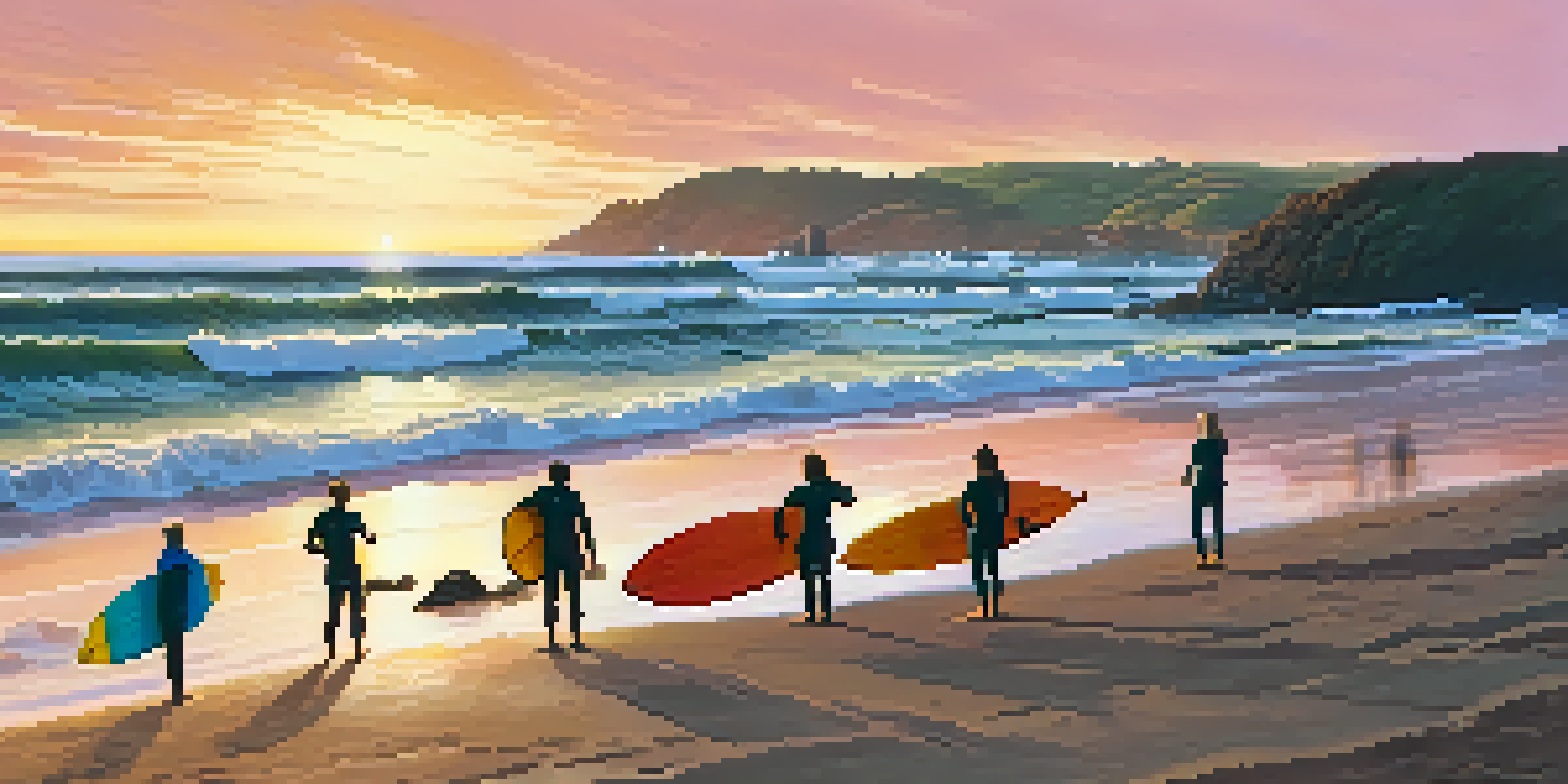 A scenic beach in the Basque Country with surfers paddling out at sunset, colorful wetsuits, and a beautiful cliffside.