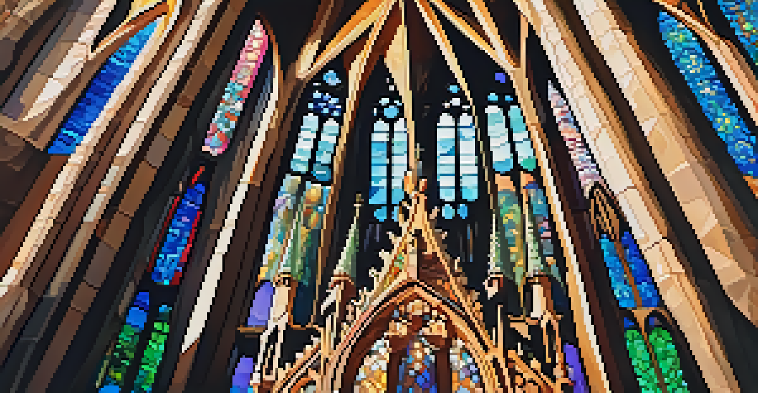 Close-up view of Sagrada Familia's architectural details with spires and stained glass, highlighting its grandeur and artistry.