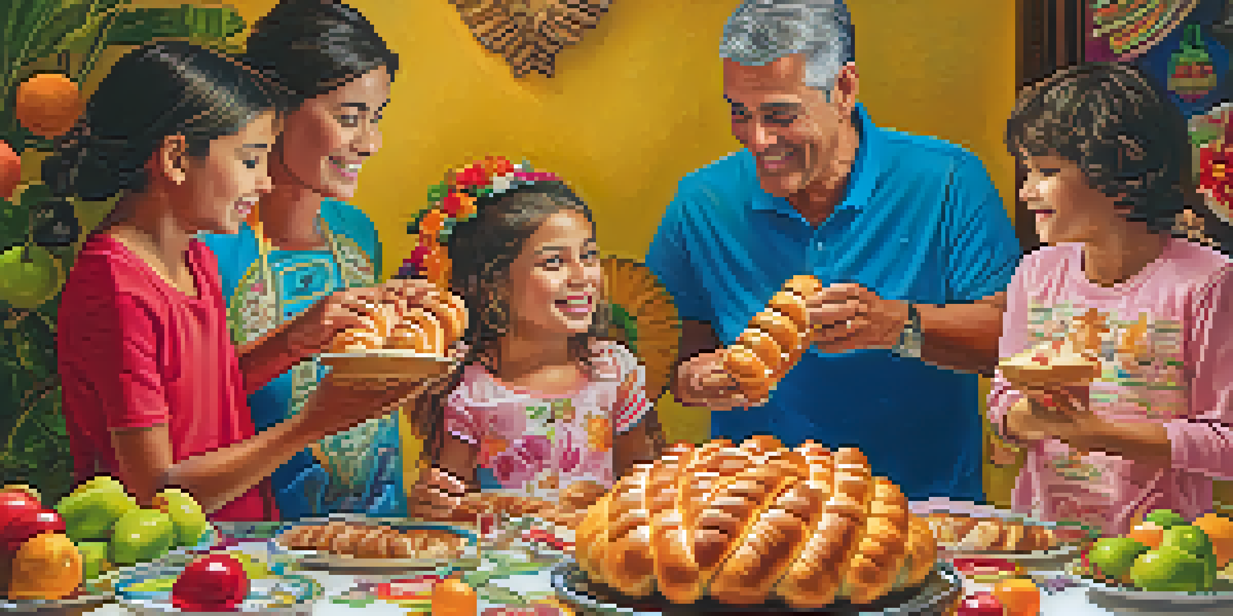 A family joyfully sharing a traditional 'Rosca de Reyes' bread, surrounded by a festive table setting with colorful decorations.