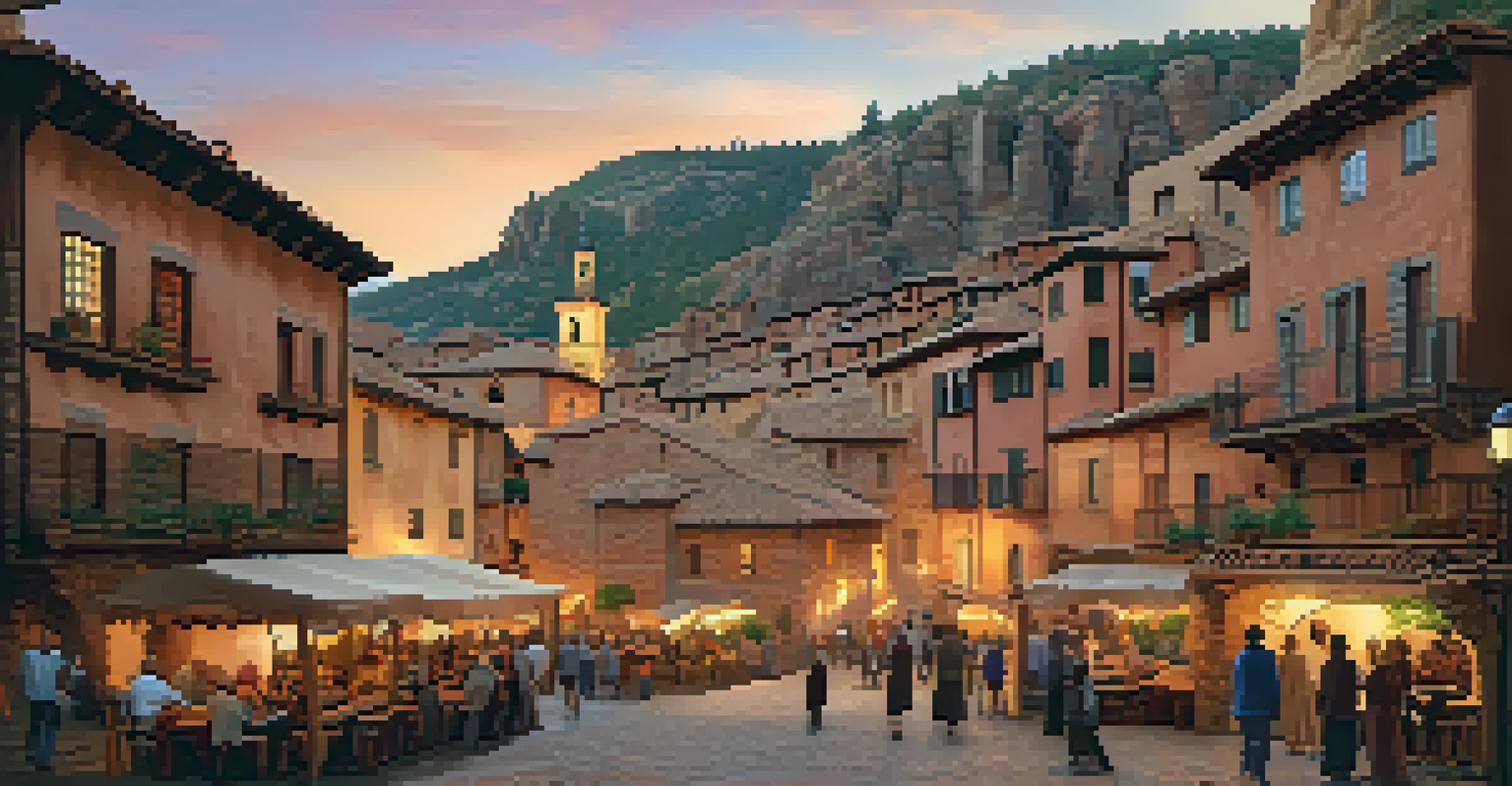 The medieval town of Albarracín at sunset, showcasing historic architecture and cobblestone streets, with residents participating in a small festival of traditional music and decorations.