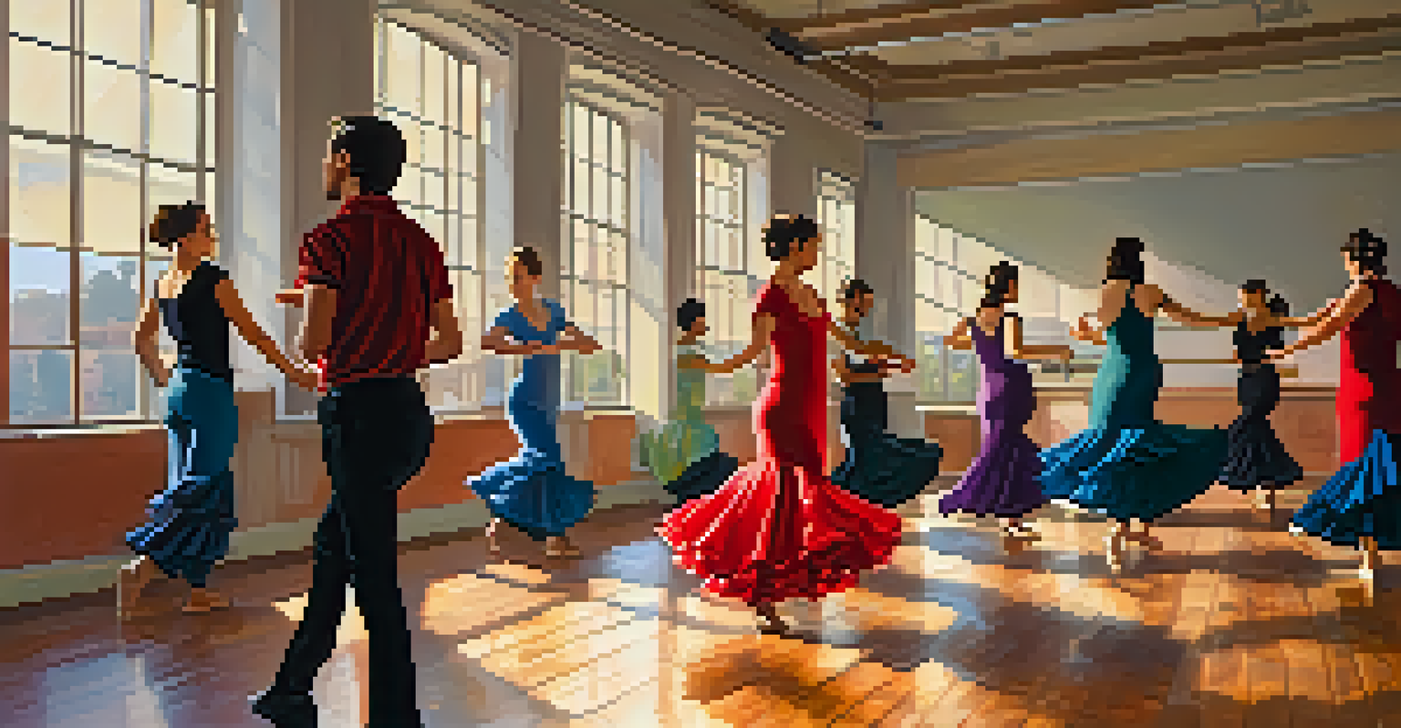 A diverse group of students learning Flamenco dance in a bright studio, following an instructor in front of a mirror.