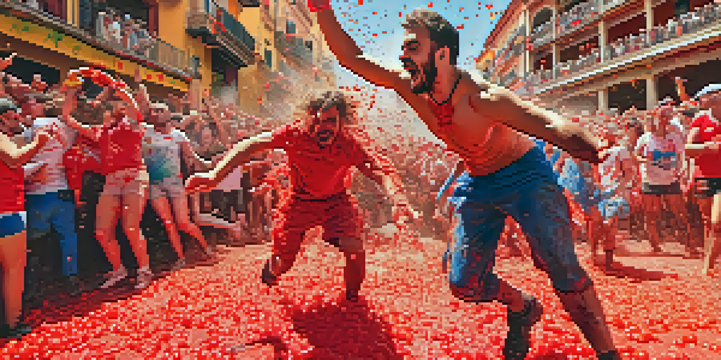 A joyful dog wearing a bandana plays in a tomato fight at the La Tomatina festival, surrounded by people throwing tomatoes and colorful tents.