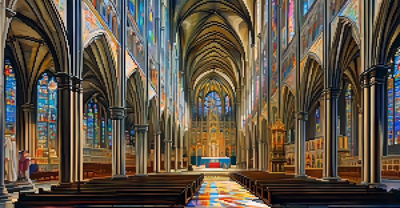 The interior of Toledo's Cathedral with colorful stained glass windows illuminating the nave and stone floors.