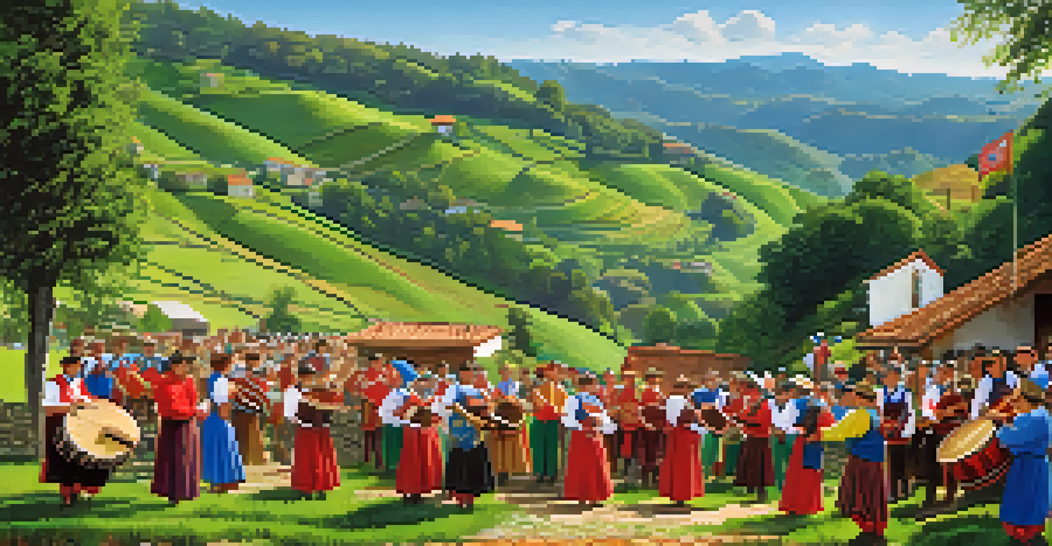 Asturian musicians playing folk instruments in a vibrant landscape with dancers performing traditional dances.