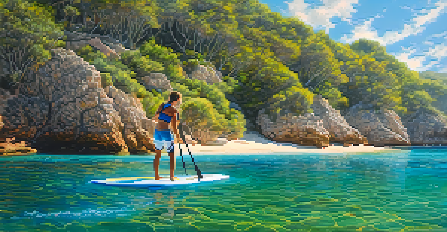 A paddleboarder enjoying clear waters with a dolphin nearby in a beautiful coastal cove.