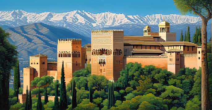 A panoramic view of the Alhambra Palace with intricate architecture and lush gardens, against the backdrop of the Sierra Nevada mountains.