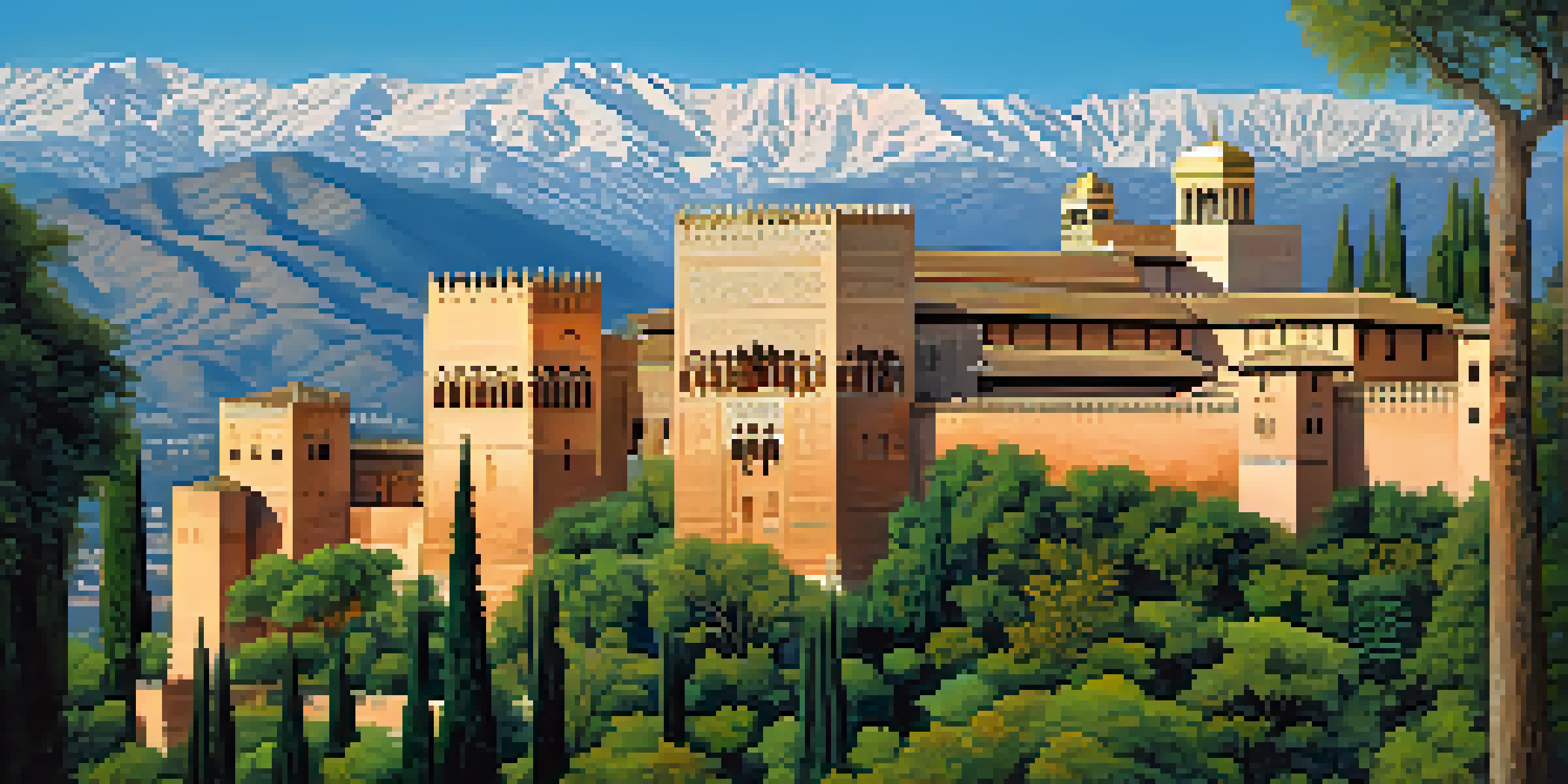 A panoramic view of the Alhambra Palace with intricate architecture and lush gardens, against the backdrop of the Sierra Nevada mountains.