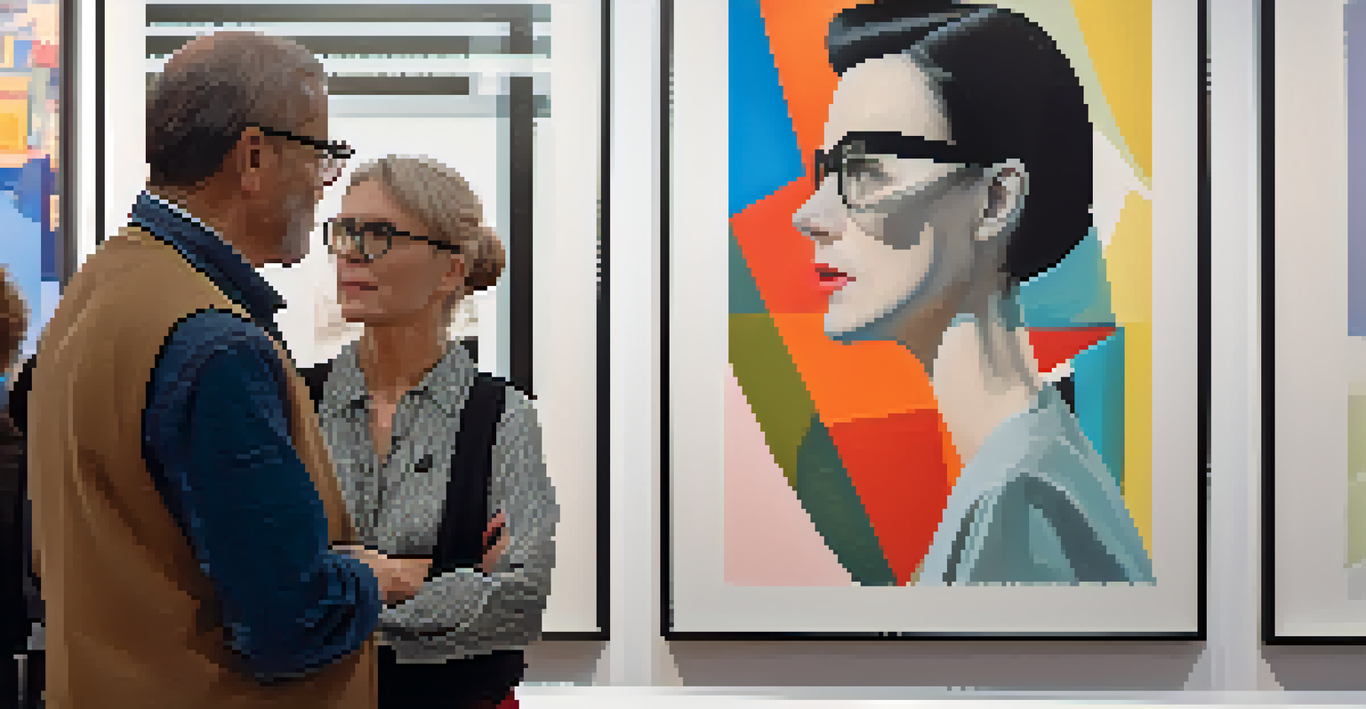 An artist explaining her abstract painting to a visitor at an art fair, with colorful art pieces in the background.