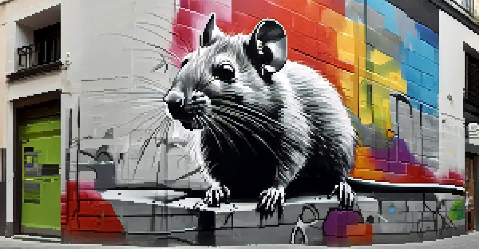 A detailed black-and-white mural of a rat on a building in Madrid, surrounded by colorful street art.