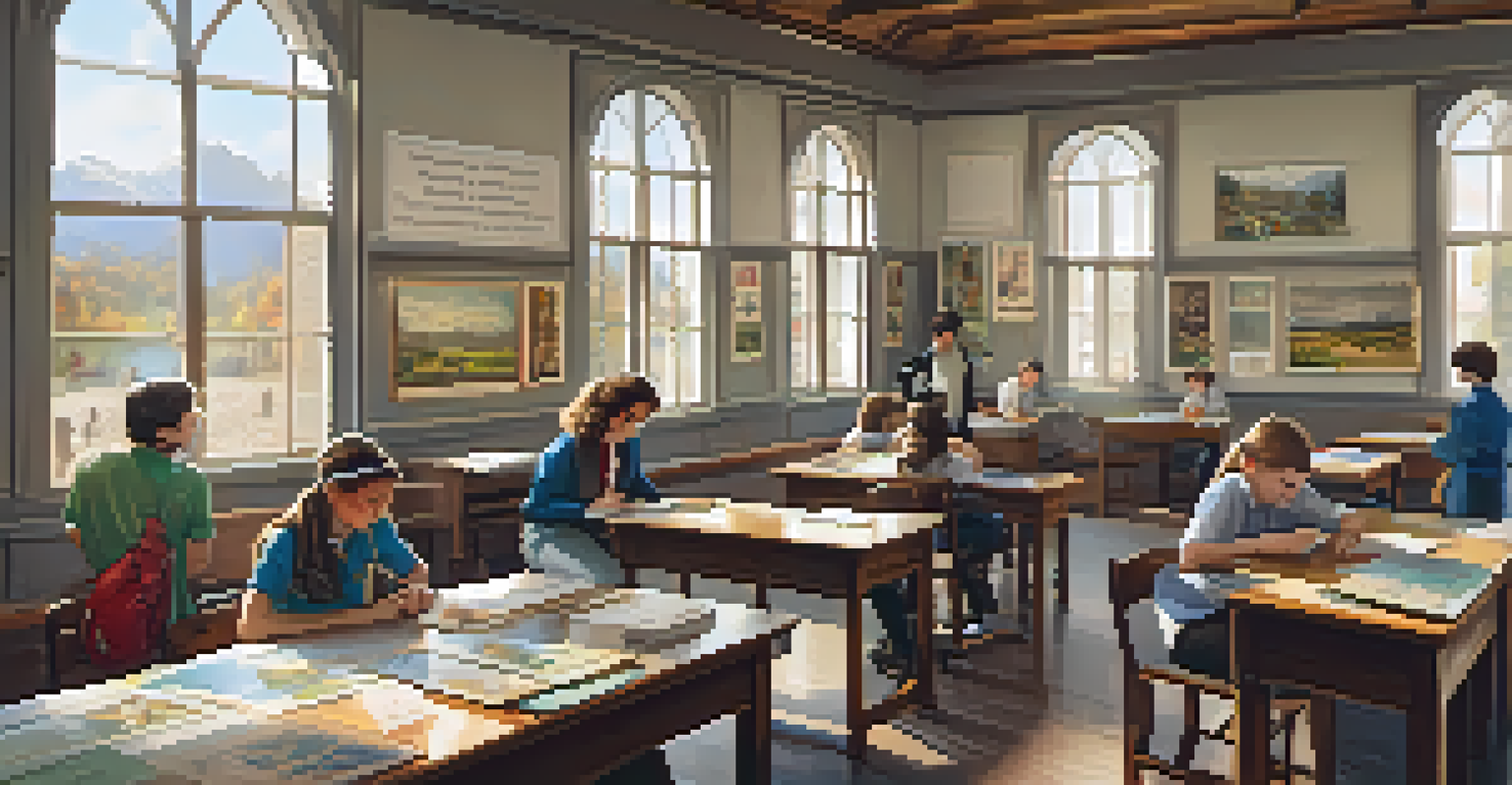 Students in a classroom analyzing historical artifacts, discussing among themselves with educational posters in the background.