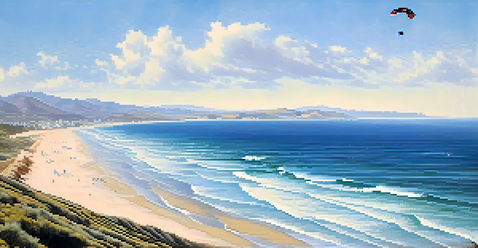 An aerial view of Tarifa with surfers riding waves and kitesurfers, golden beaches, and a beautiful coastal landscape.