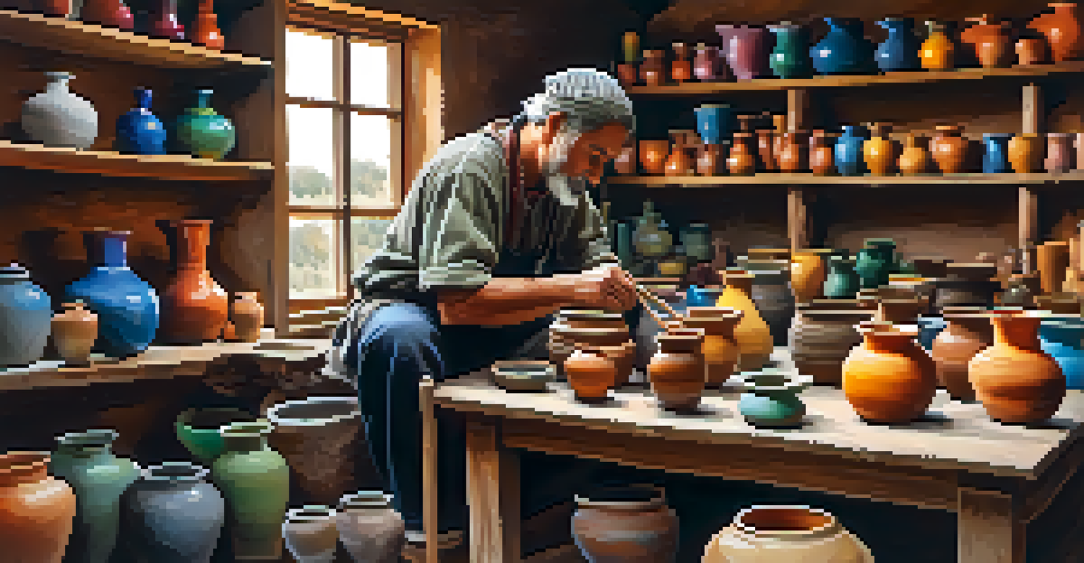 An artisan applying glaze to a pottery piece in a warm workshop setting.