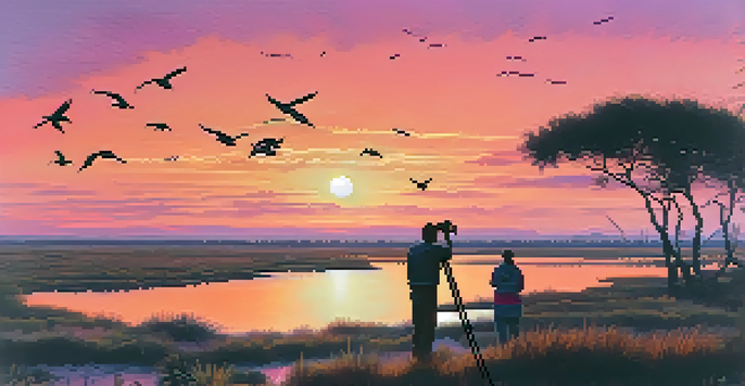 A scenic sunset view of Doñana National Park with birdwatchers on a deck, surrounded by vibrant sky colors and native plants.