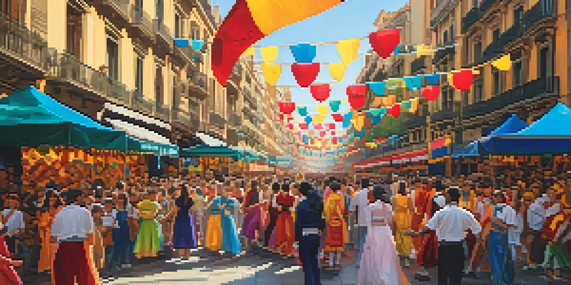 A lively street parade in Barcelona during La Mercè, featuring colorful costumes and large figures, with festive decorations and historic architecture.