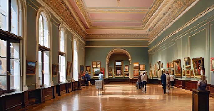 An art gallery in Spain filled with classical and contemporary artworks, with visitors admiring the pieces under natural light from large windows.