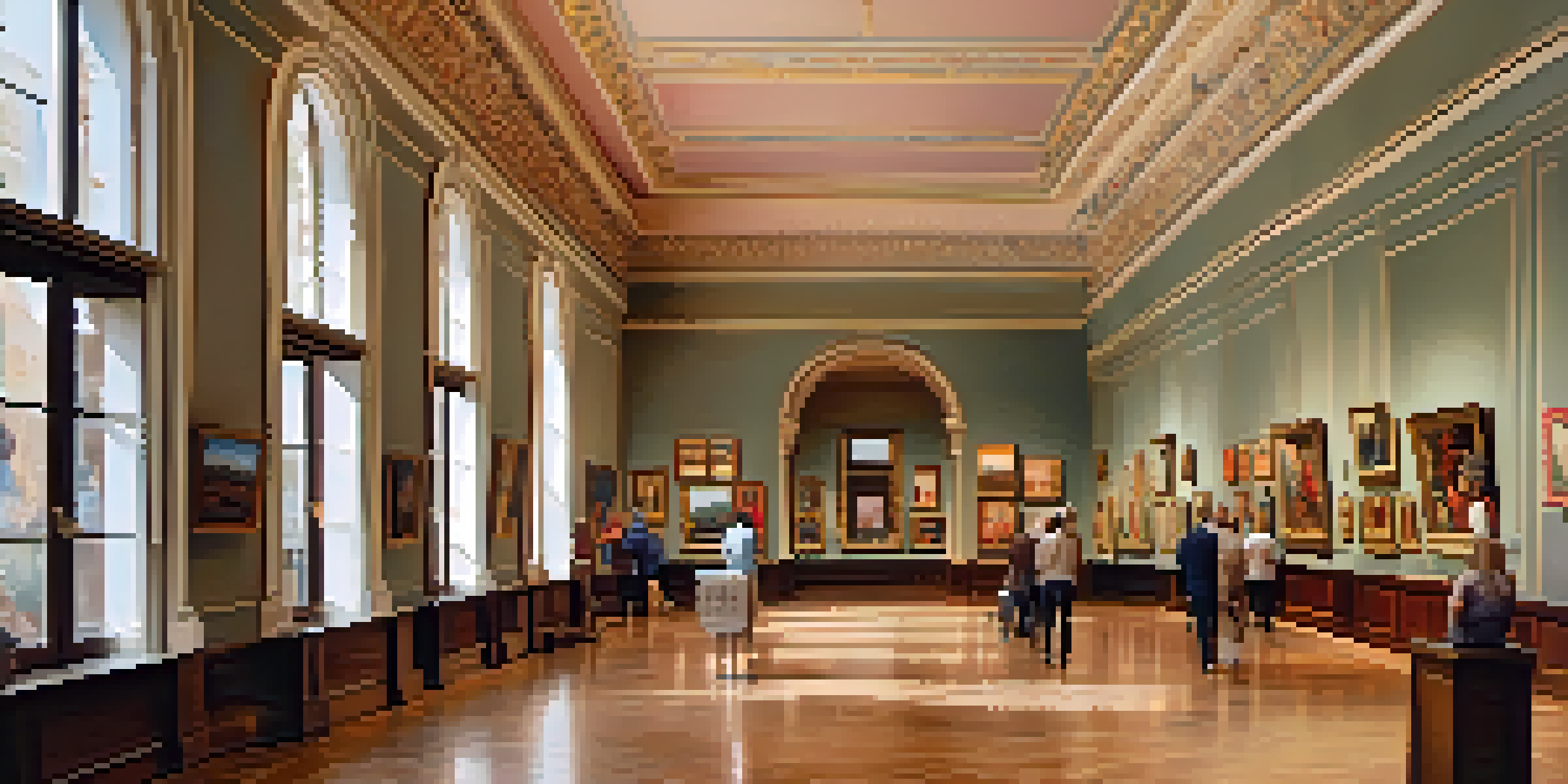 An art gallery in Spain filled with classical and contemporary artworks, with visitors admiring the pieces under natural light from large windows.