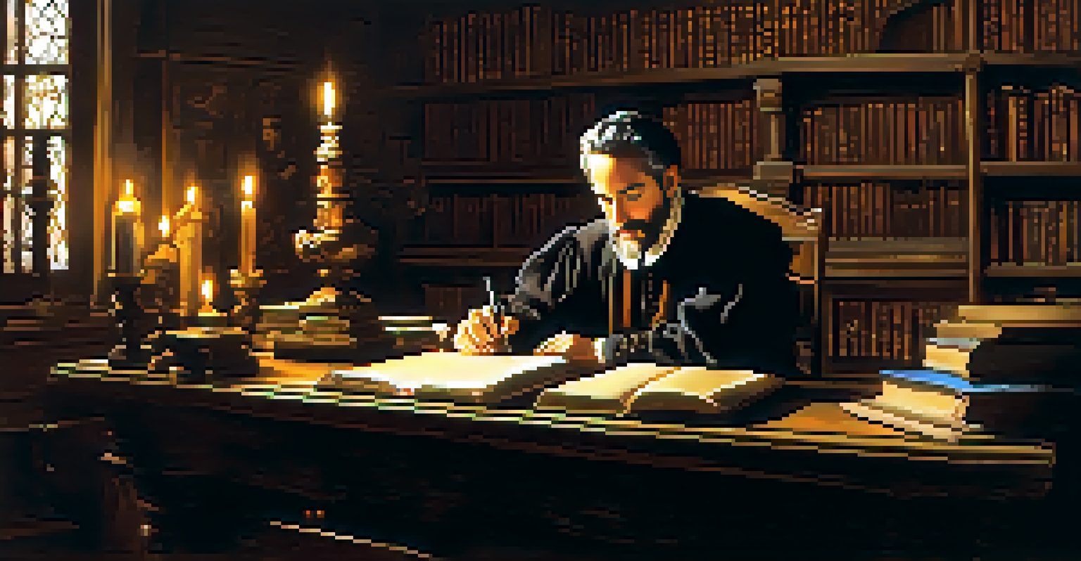 Miguel de Cervantes at a wooden desk, writing with scrolls and quills in a dimly lit room filled with books.