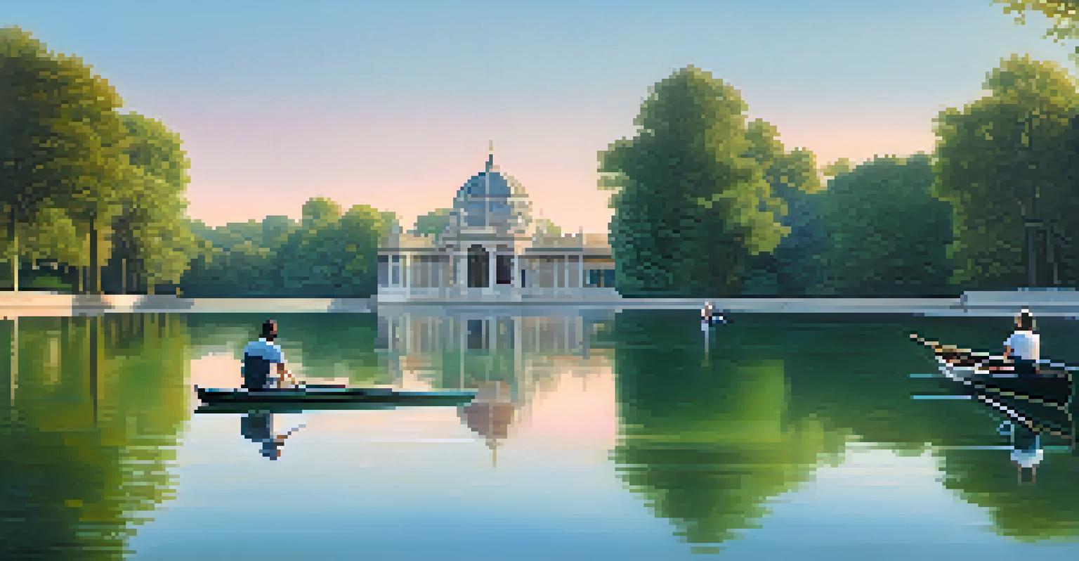 A peaceful lake in Retiro Park, Madrid at dawn with a couple rowing a boat and Palacio de Cristal in the background.
