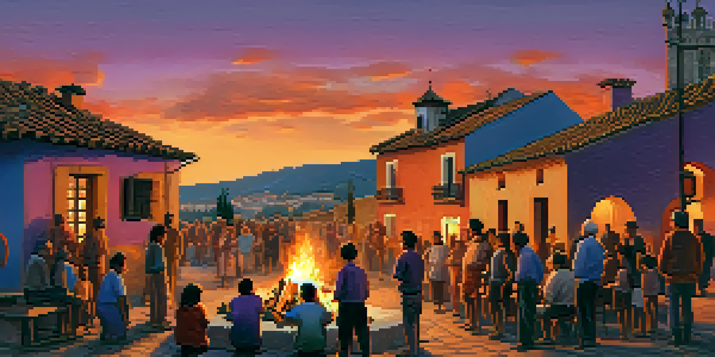 A traditional Spanish village square at dusk, with a storyteller sharing folklore by a bonfire, surrounded by villagers.