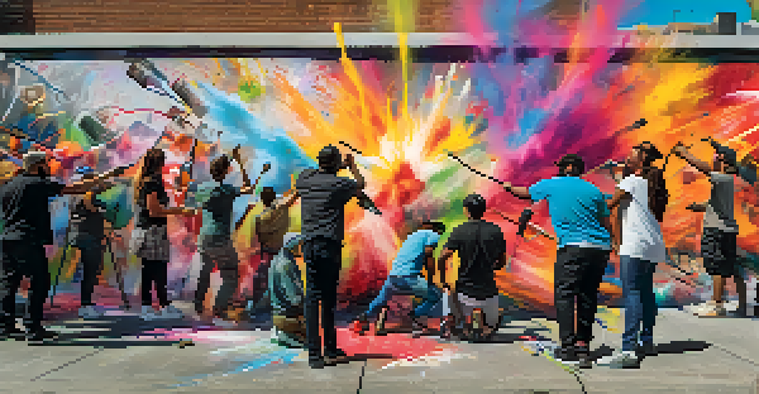 A group of diverse artists collaborating on a colorful mural in an urban environment, showcasing various artistic styles and techniques.