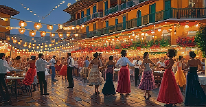Women in colorful flamenco dresses dancing joyfully in a decorated tent during the Feria de Abril, with food and drinks being enjoyed in the background.
