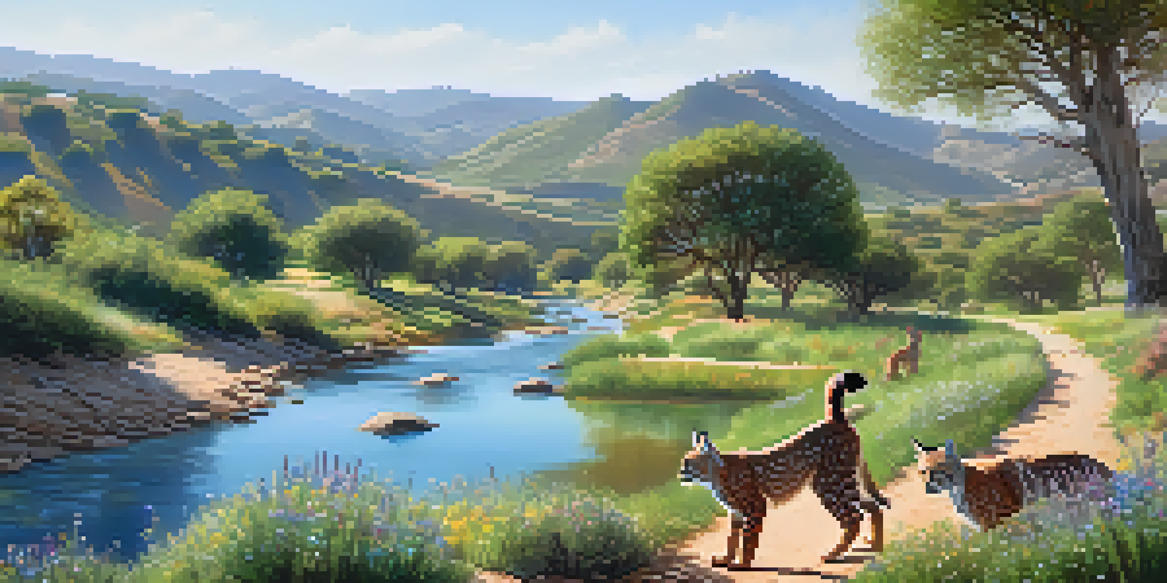 A nature park in Spain with rolling hills, green trees, and a family of Iberian lynxes playing near a stream, under a clear blue sky.