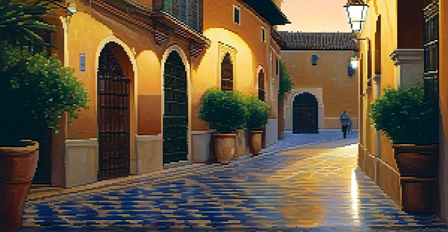 A quiet alley in Seville at night with the Alcázar in the background, illuminated street lamps, and traditional tiles in the foreground.