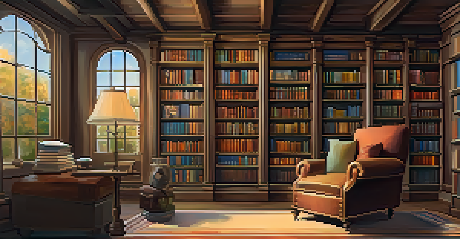 A vintage library with wooden shelves filled with books and a cozy reading corner.