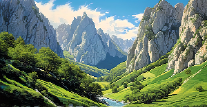 A climber on a steep limestone crag in the Picos de Europa, surrounded by lush valleys and blue skies.