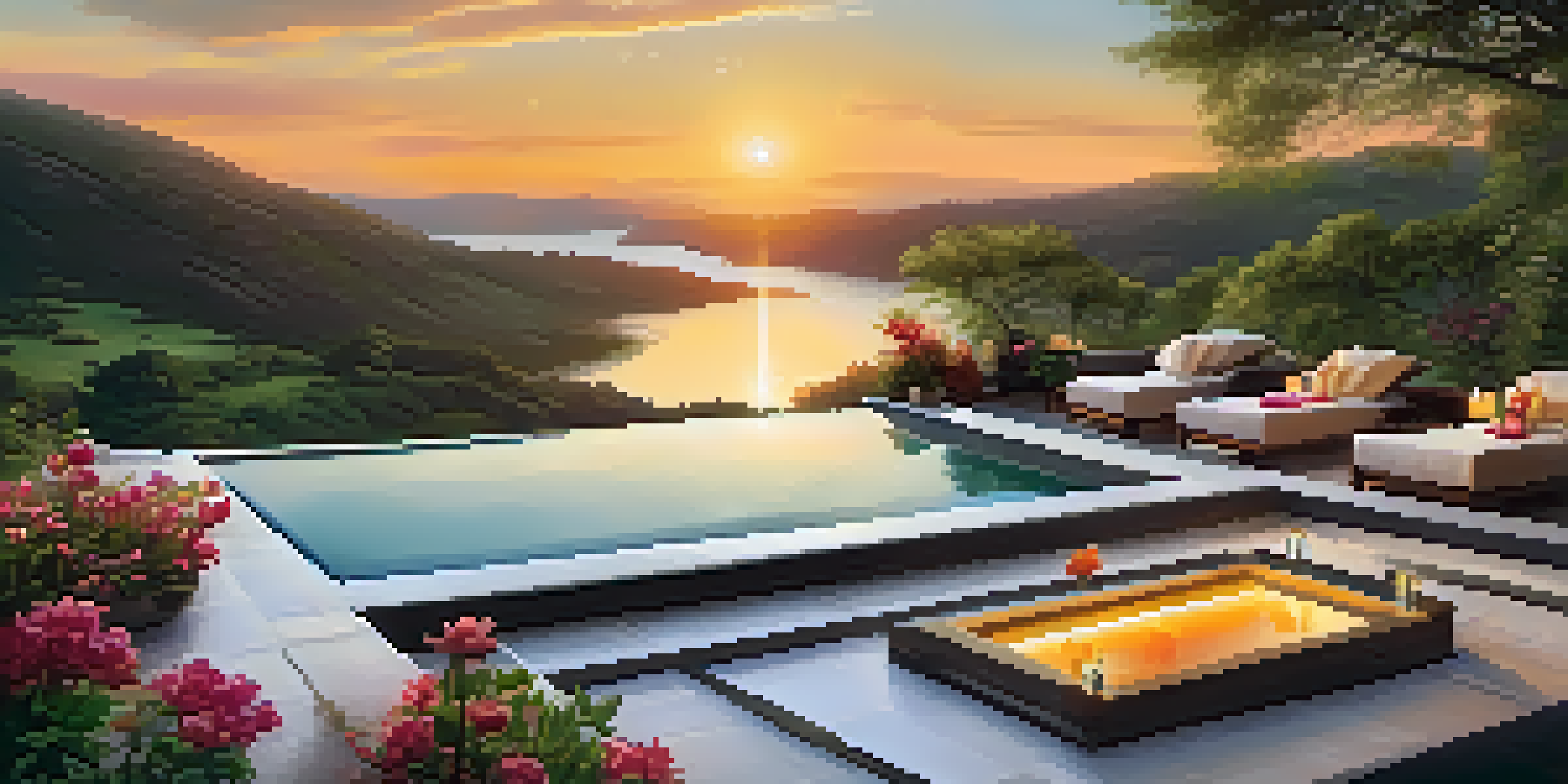 A serene thermal bath in a lush spa setting during sunset, surrounded by greenery and flowers.