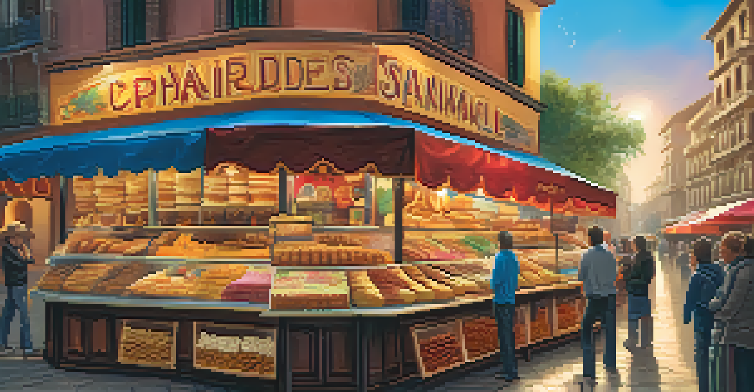 A dessert stall displaying traditional Spanish sweets like churros and pastries in a vibrant market setting.