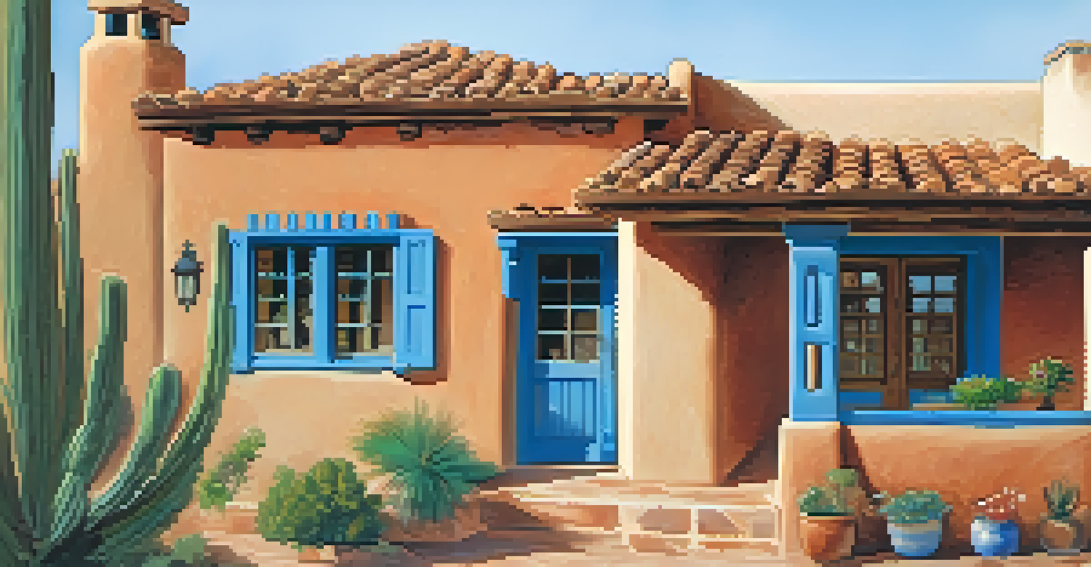 A quaint adobe home with earth-toned stucco walls and a terracotta tiled roof, complete with wooden beams and vibrant potted plants on the porch.