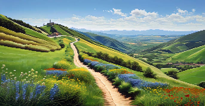 A scenic view of the Camino de Santiago with travelers walking along a winding path through green fields and mountains.