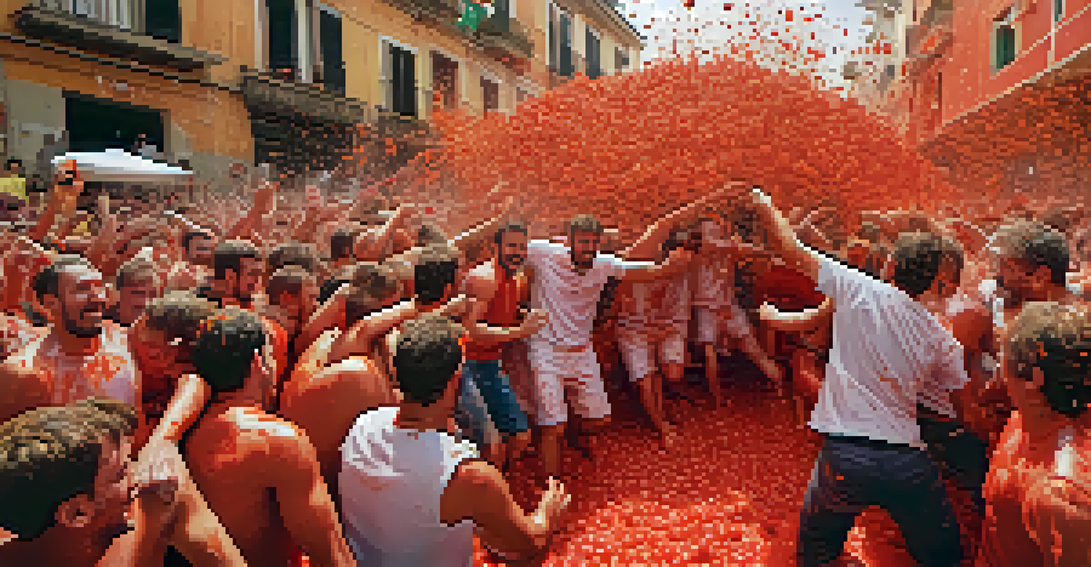 Participants in La Tomatina festival throwing tomatoes at each other, surrounded by laughter and colorful decorations.