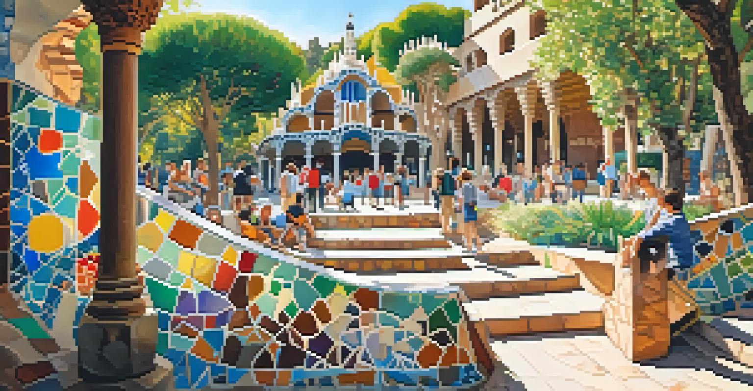 A vibrant scene at Park Güell showcasing colorful mosaics and whimsical sculptures with visitors enjoying the atmosphere.