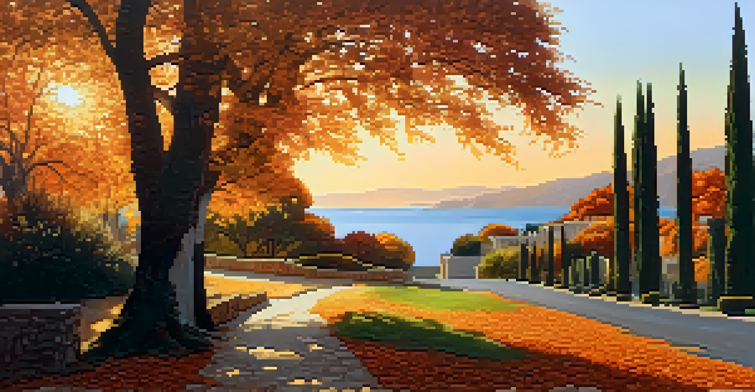 A coastal pathway along the Via Augusta with ancient Roman ruins and autumn trees at sunset.