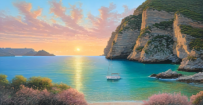 A sailboat anchored in a serene cove with turquoise waters and cliffs during sunset, with seagulls flying in a pastel sky.