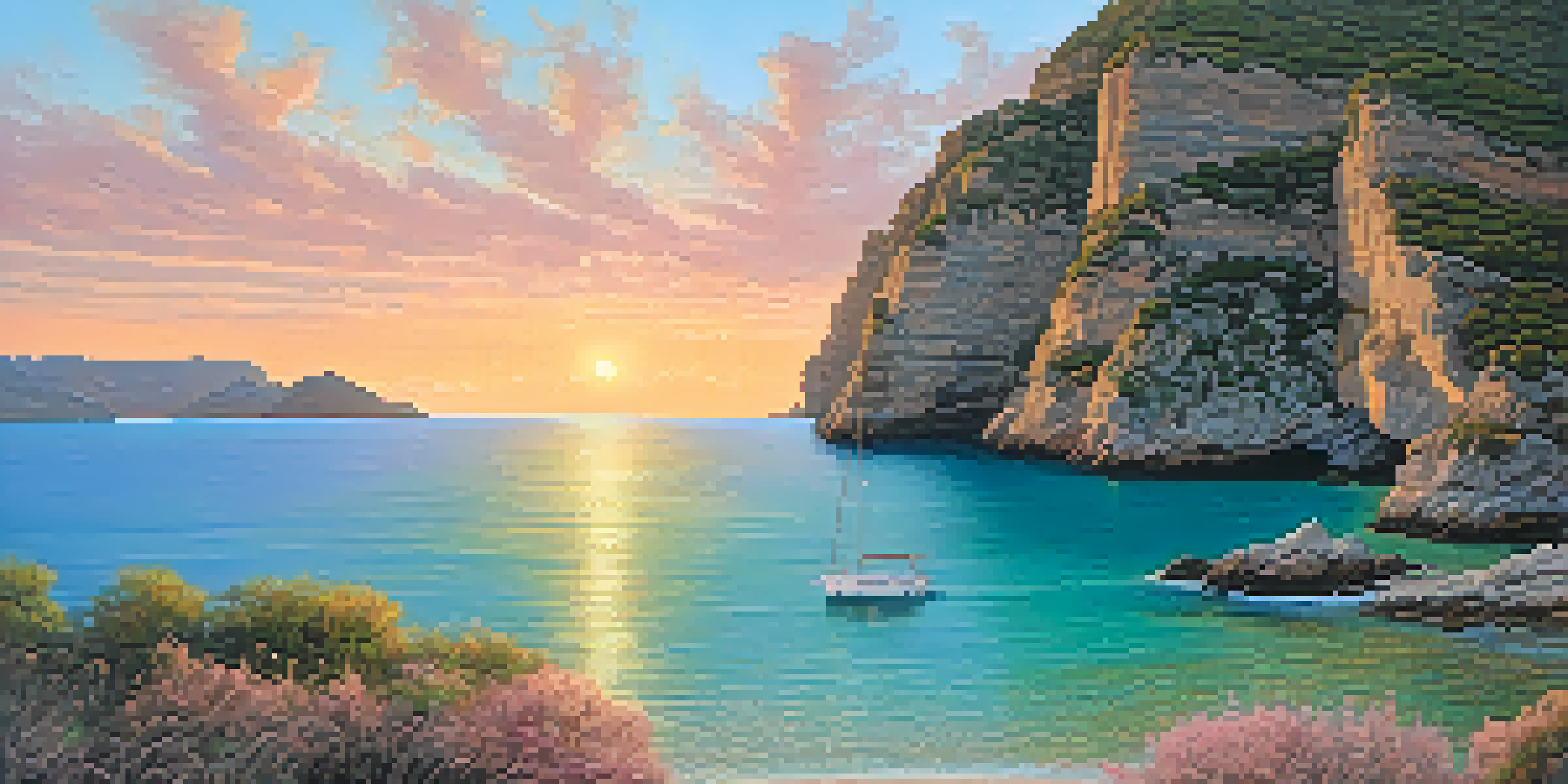 A sailboat anchored in a serene cove with turquoise waters and cliffs during sunset, with seagulls flying in a pastel sky.