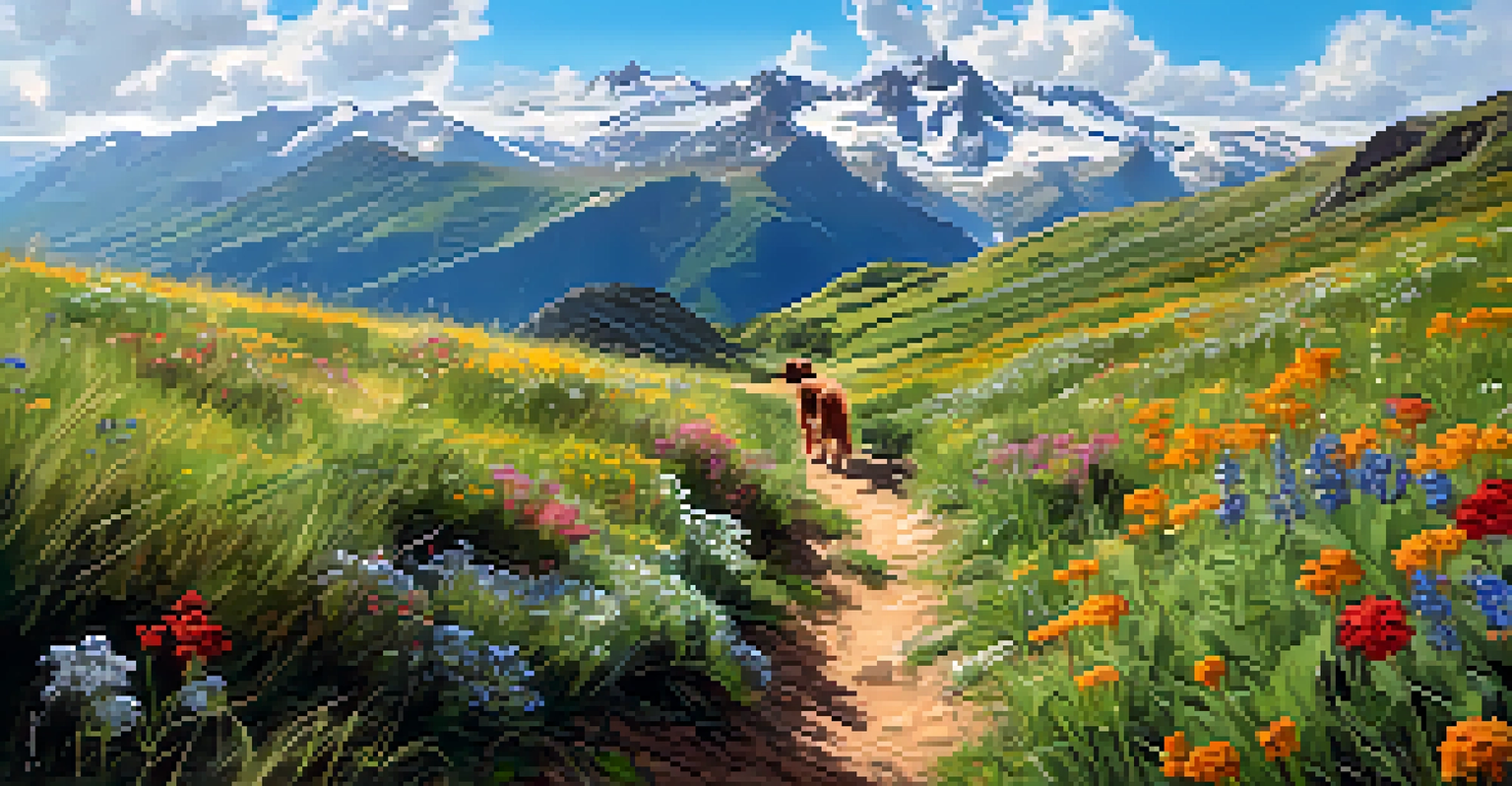 A dog joyfully running through wildflowers on a hiking trail in the Pyrenees mountains.