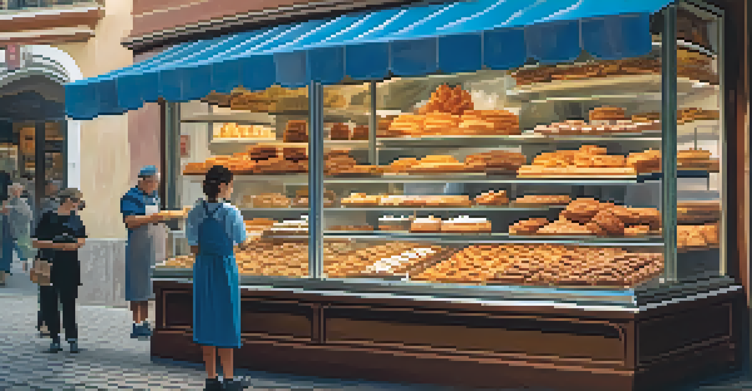 A charming pastry shop with traditional Spanish desserts like churros and tarta de Santiago on display.